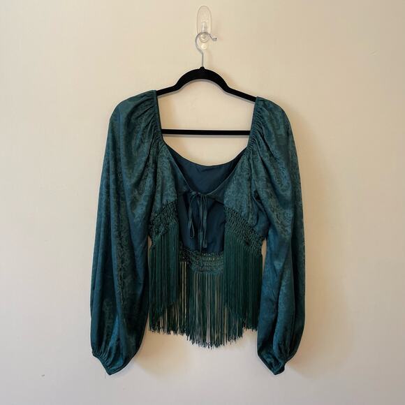 Buckle L green bell sleeve blouse Victorian fringe crop top metallic floral boho - Picture 5 of 7